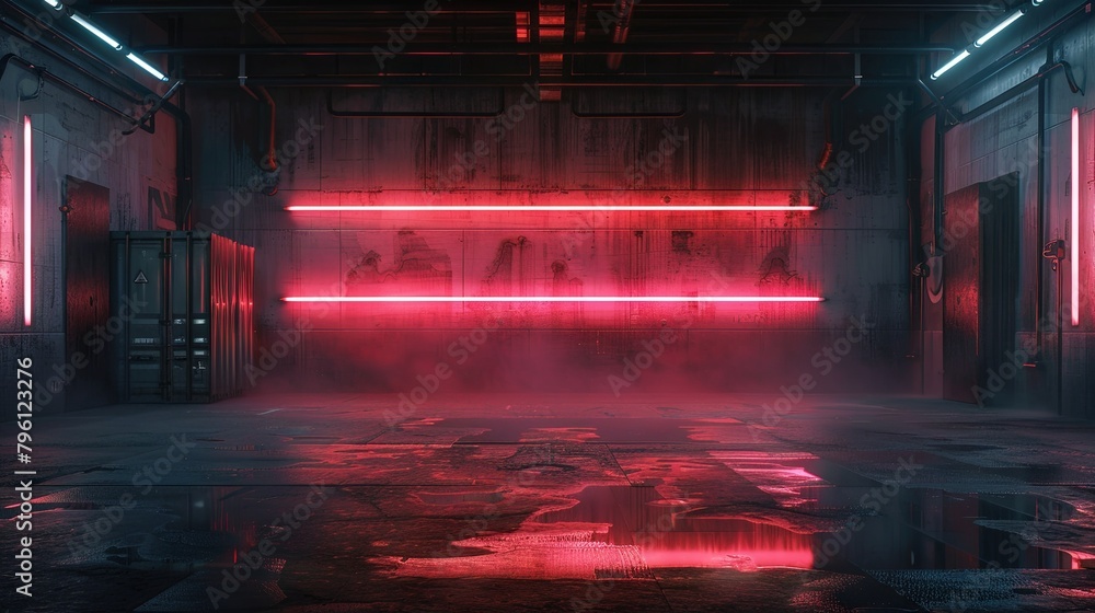 Neon glow in modern industrial cyberpunk interior