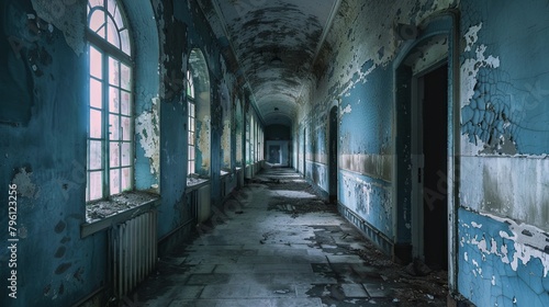 Abandoned hospital corridor with peeling paint and eerie atmosphere