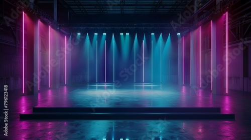 Futuristic concert stage with vibrant neon lights and glossy floor