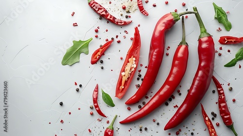 Closeup top view red chili pepper with sliced on white background, raw food ingredient concept photo