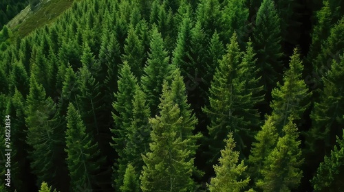 Aerial View of Dense Green Pine Forest Landscape