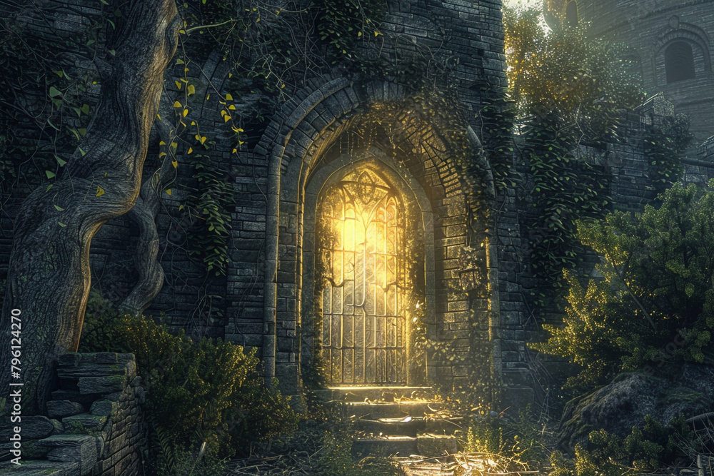 Obraz premium Medieval castle with a secret portal, leading to an ancient passage with glowing enchantment