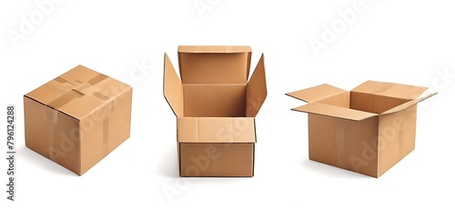 Set of different brown cardboard packaging boxes. Collection of cardboard box mockups. Shipping carton open and closed box with breakable signs. Parcel packaging template. Vector illustration © MDSAYDUL
