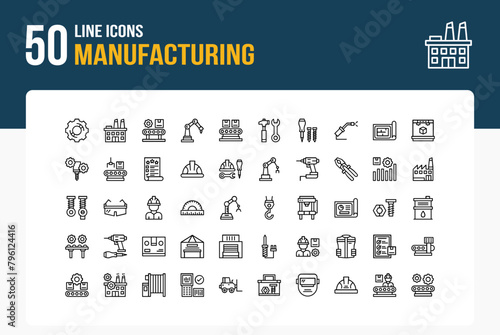 Set of 50 Manufacturing icons related to Gear, Factory Assembly Line, Robot Arm, Conveyor Belt Line Icon collection