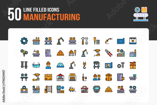 Set of 50 Manufacturing icons related to Gear, Factory Assembly Line, Robot Arm, Conveyor Belt Line Filled Icon collection