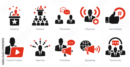 A set of 10 influencer icons as celebrity, follower, persuasion