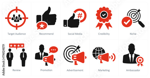 A set of 10 influencer icons as target audience, recommend, social media