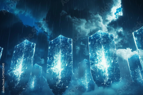 Mystical shields guarding cloud data realms with digital knights defending against cyber threats photo