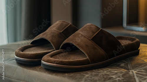 Comfortable brown indoor slippers on home interior background