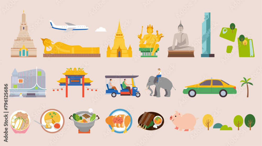 Fototapeta premium Famous Thailand tourist element set isolated on champagne color background.