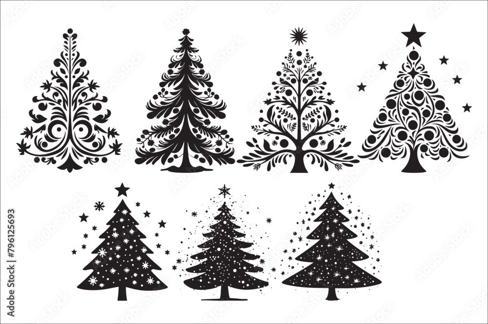 Obraz premium A black and white silhouettes of christmas trees with a decoration.