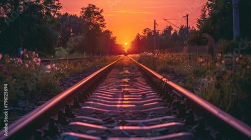 Tranquil sunset over railway tracks amidst nature