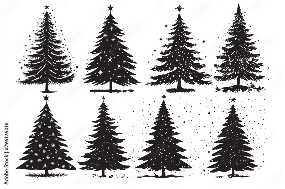 Obraz premium A black and white silhouettes of christmas trees with a decoration.