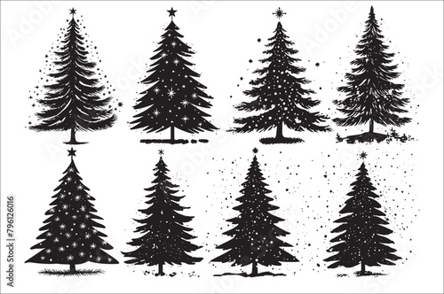 A black and white silhouettes of christmas trees with a decoration.