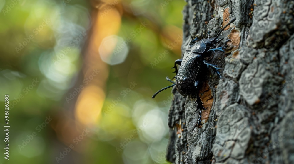 A beetle exploring the textured surface of a tree trunk, its movements adding life to the forest scenery A beetle exploring the textured surface of a tree trunk, its movements adding life to the forest scenery