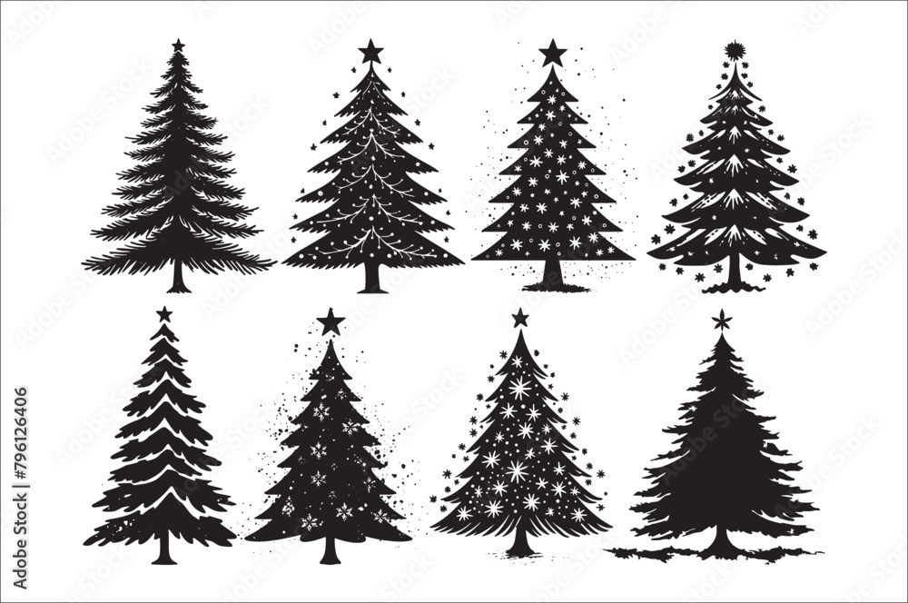 Fototapeta premium A black and white silhouettes of christmas trees with a decoration.