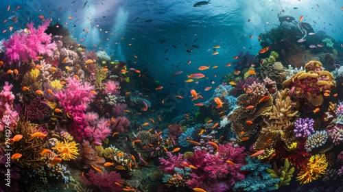A breathtaking underwater shot of colorful coral reefs teeming with vibrant marine life, a diver's paradise photo