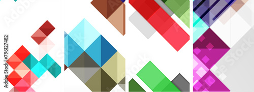 A vibrant composition of azure, magenta, and aqua rectangles, triangles, and squares creating a symmetrical textile art piece. The tints and shades blend harmoniously on the white background