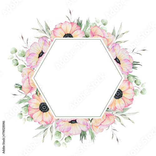 Anemone rose flowers and leaves. Isolated hand drawn watercolor frame of pink poppies. Summer floral wreath for wedding invitations  cards  packaging of goods