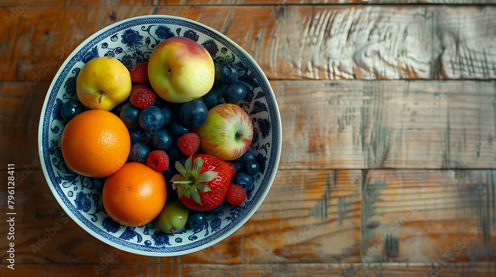 a bowl of fresh fruit set on a wooden table a bowl of fresh fruit set on a wooden table