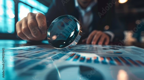 A businessman analyzing a business graph printout with a magnifying glass, focusing on specific data points and trends.