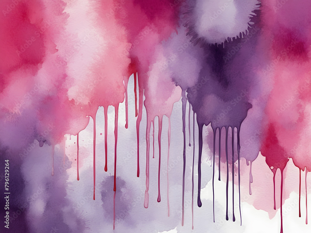 Fototapeta premium Pink and purple watercolour background design painted texture with paint drips drops and colour blots or blotches and white fringe bleed stains, art background design for website and templates