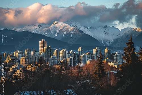 Skyline with snow-capped mountains in the background, Ai generated photo