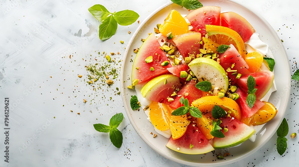 A plate of fresh fruit salad with yogurt watermelon orange apple and pistachio on a white table background A plate of fresh fruit salad with yogurt watermelon orange apple and pistachio on a white table background