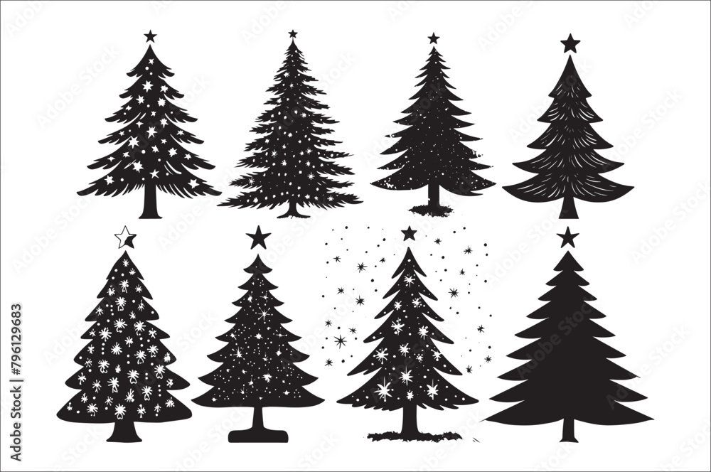 Obraz premium A black and white silhouettes of christmas trees with a decoration.