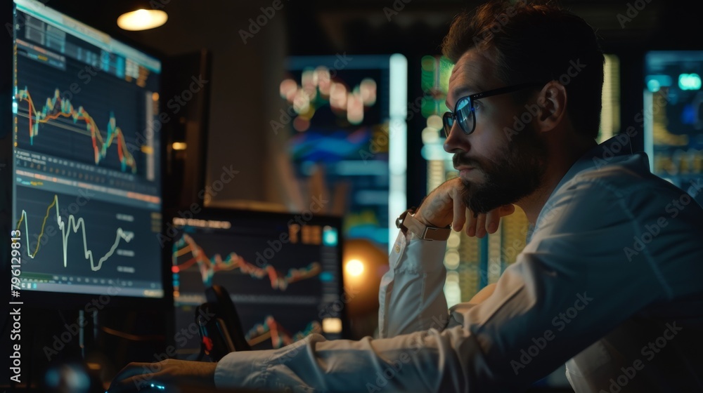 A businessman studying a gold futures contract on a computer screen, managing risk in the financial market