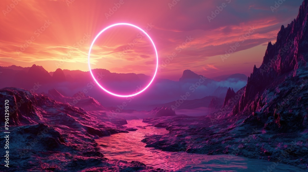 Obraz premium The great pink floating circle beyond the river that surrounded with a lot amount of the tall mountains at the dawn or dusk time of the day that shine light to the every part of the picture. AIGX03.