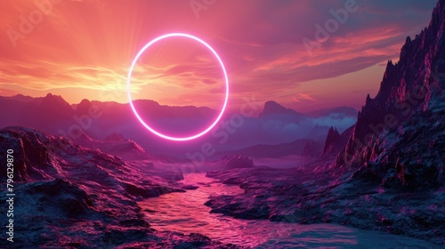 The great pink floating circle beyond the river that surrounded with a lot amount of the tall mountains at the dawn or dusk time of the day that shine light to the every part of the picture. AIGX03.