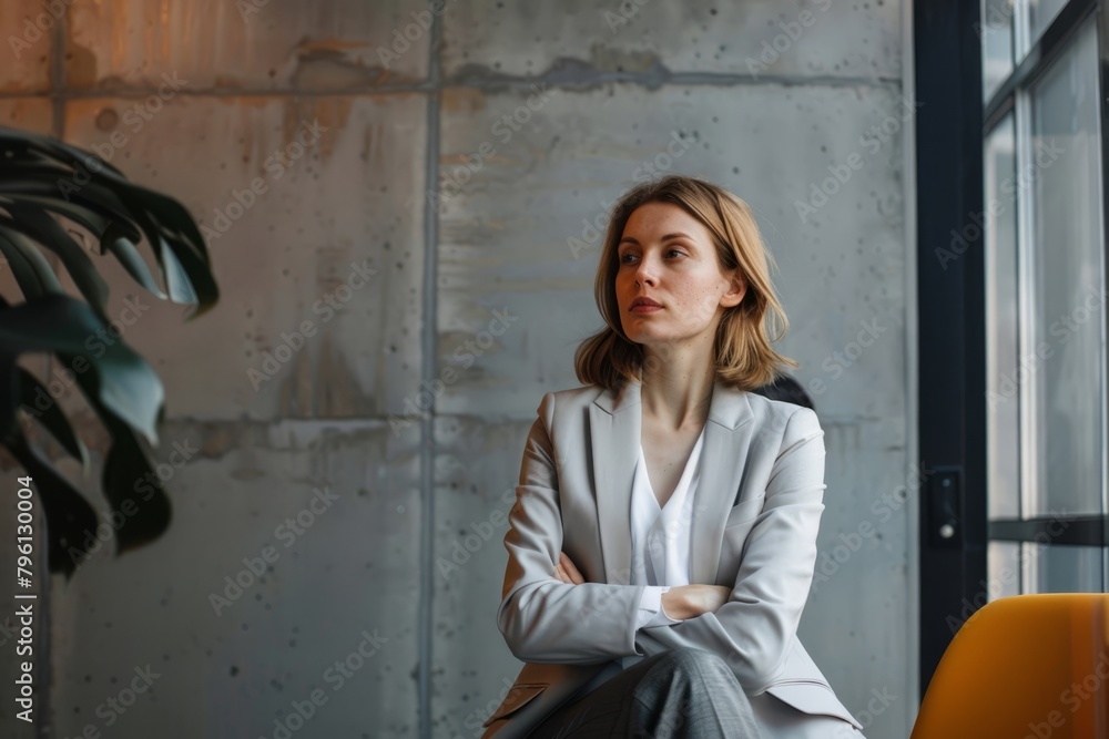 In front of the clear cement background, the designer style business portrait exudes the expertise and confidence of the business woman in the modern workplace In front of the clear cement background, the designer style business portrait exudes the expertise and confidence of the business woman in the modern workplace