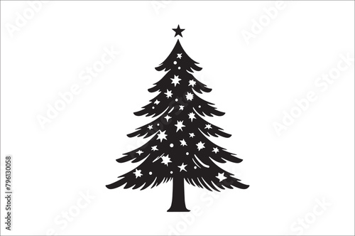 A black and white silhouettes of christmas trees with a decoration.