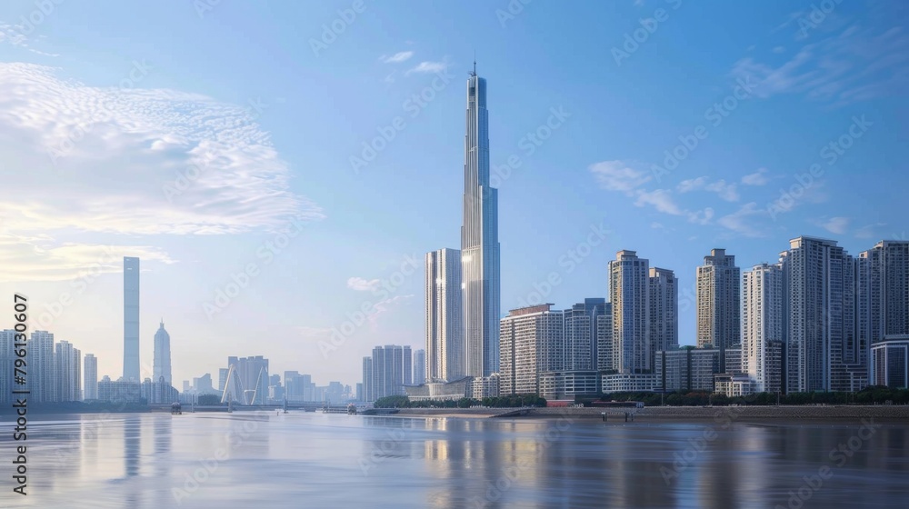 A bustling metropolis seen from across the river, with a towering building dominating the skyline, embodying urban sophistication and vitality. A bustling metropolis seen from across the river, with a towering building dominating the skyline, embodying urban sophistication and vitality.