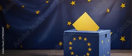 Man putting ballot in a box during elections in europe in front of flag. Animated illustration of european union voting concept. photo