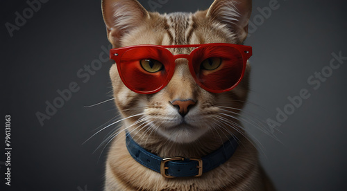 Portrait of a Slick fashionable cat with human anatomy wearing red sunglasses with copy space on isolated background, stair