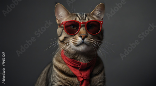 Portrait of a Slick fashionable cat with human anatomy wearing red sunglasses with copy space on isolated background, grey backdrop
