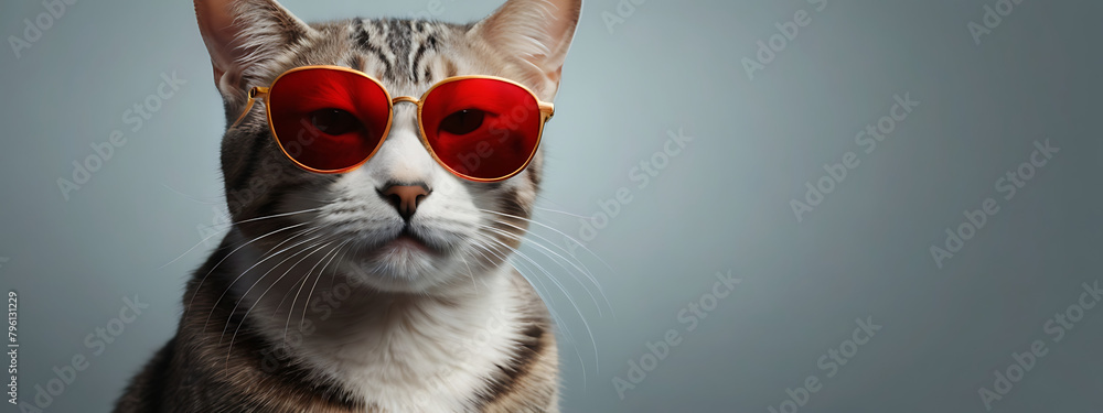 Portrait of a Slick fashionable cat with human anatomy wearing red sunglasses with copy space on isolated background, pussy cat