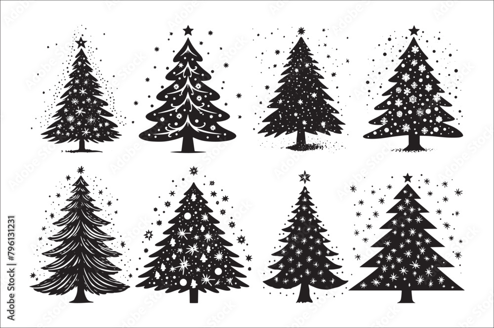 Obraz premium A black and white silhouettes of christmas trees with a decoration.