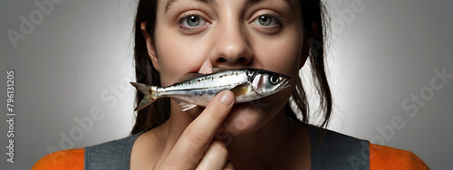A closeup Bizarre portrait of a woman holding a sardine fish between lips in her mouth, with copyspace and isolated plain background, fishy