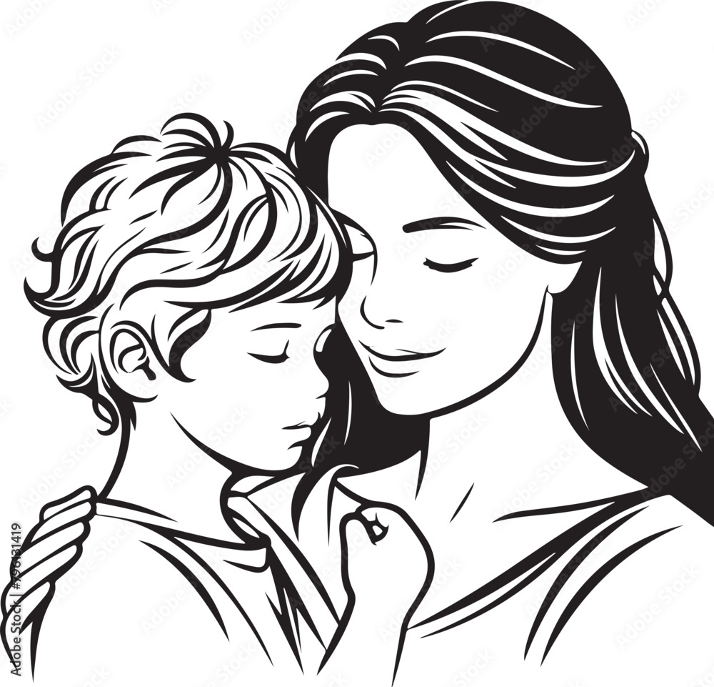 Mother's Day mom love little son outline art drawing silhouette vector illustration on white background, mother day celebration - Generative AI