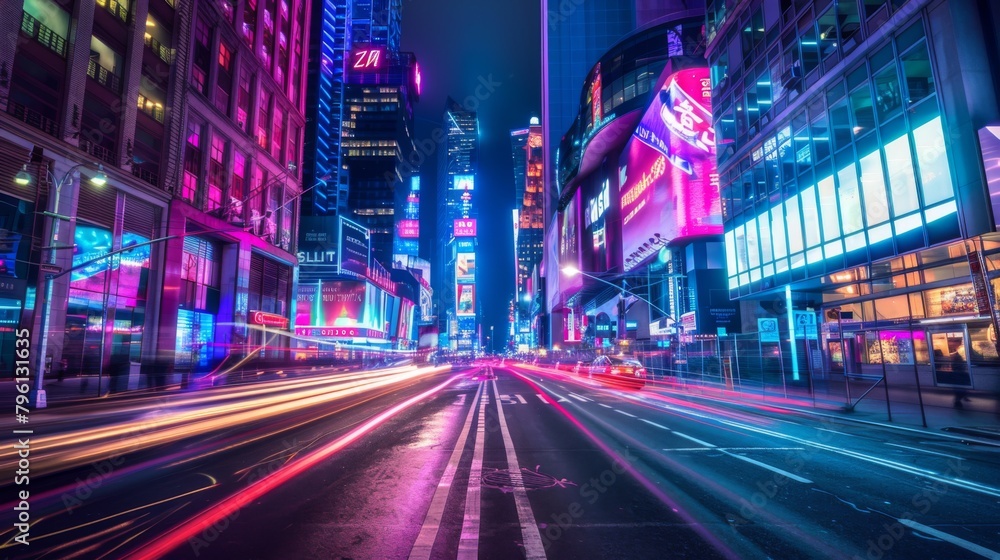 A bustling urban street lined with towering buildings ablaze with colorful lights, capturing the dynamic energy and vibrancy of the city nightlife. A bustling urban street lined with towering buildings ablaze with colorful lights, capturing the dynamic energy and vibrancy of the city nightlife.