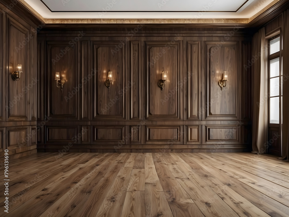 Premium style, an empty room with wooden boiserie on the wall featuring walnut wood panels. Wooden wall of an old-styled room design. Premium style, an empty room with wooden boiserie on the wall featuring walnut wood panels. Wooden wall of an old-styled room design.