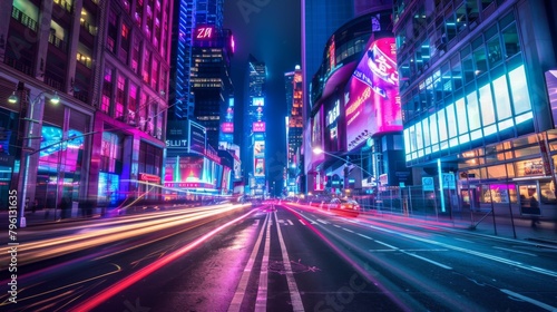 A bustling urban street lined with towering buildings ablaze with colorful lights, capturing the dynamic energy and vibrancy of the city nightlife. photo