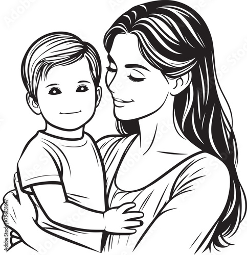 Mother's Day mom love little son outline art drawing silhouette vector illustration on white background, mother day celebration - Generative AI