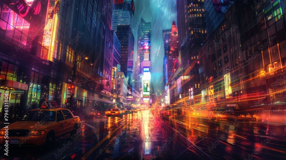 A bustling urban street lined with towering buildings ablaze with colorful lights, capturing the dynamic energy and vibrancy of the city nightlife. A bustling urban street lined with towering buildings ablaze with colorful lights, capturing the dynamic energy and vibrancy of the city nightlife.