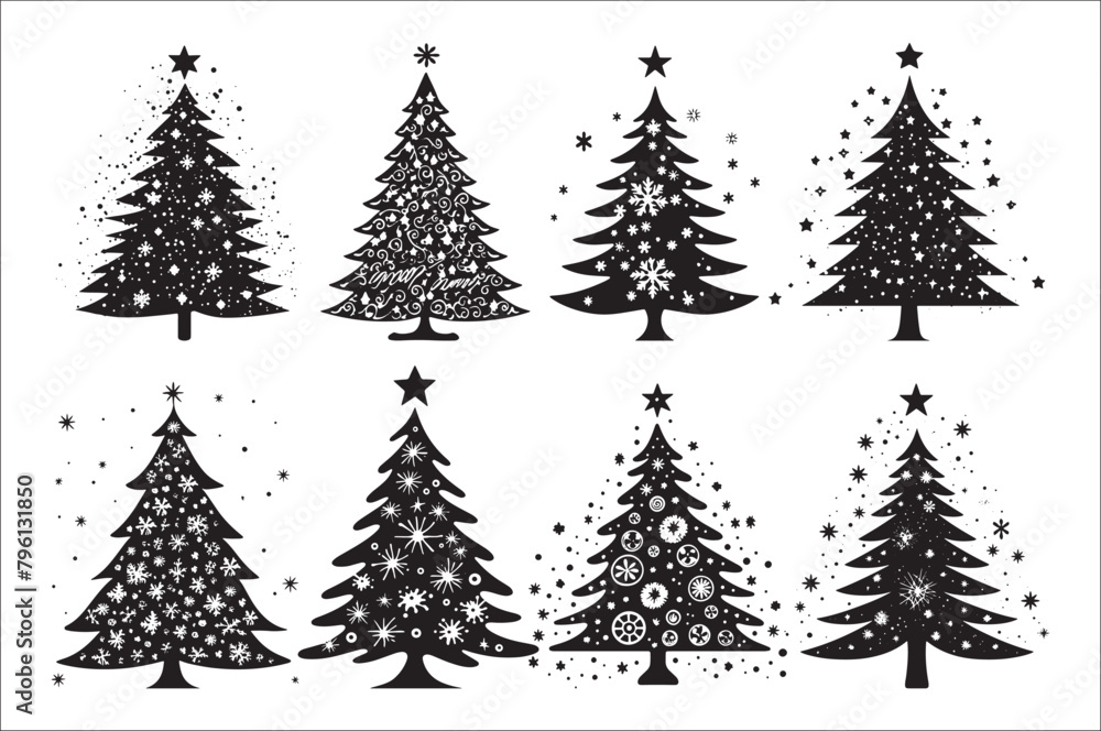 Obraz premium A black and white silhouettes of christmas trees with a decoration.