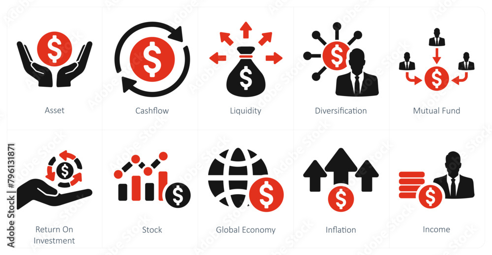 A set of 10 investment icons as asset, cash flow, liquidity