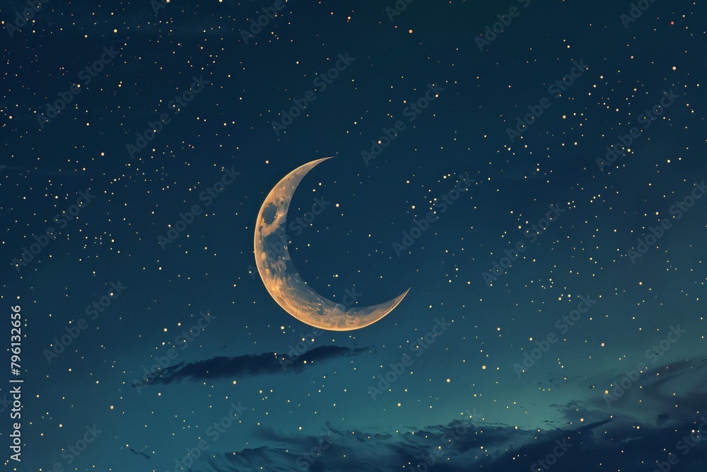 The crescent moon contrasts with the starry sky. The crescent moon contrasts with the starry sky.